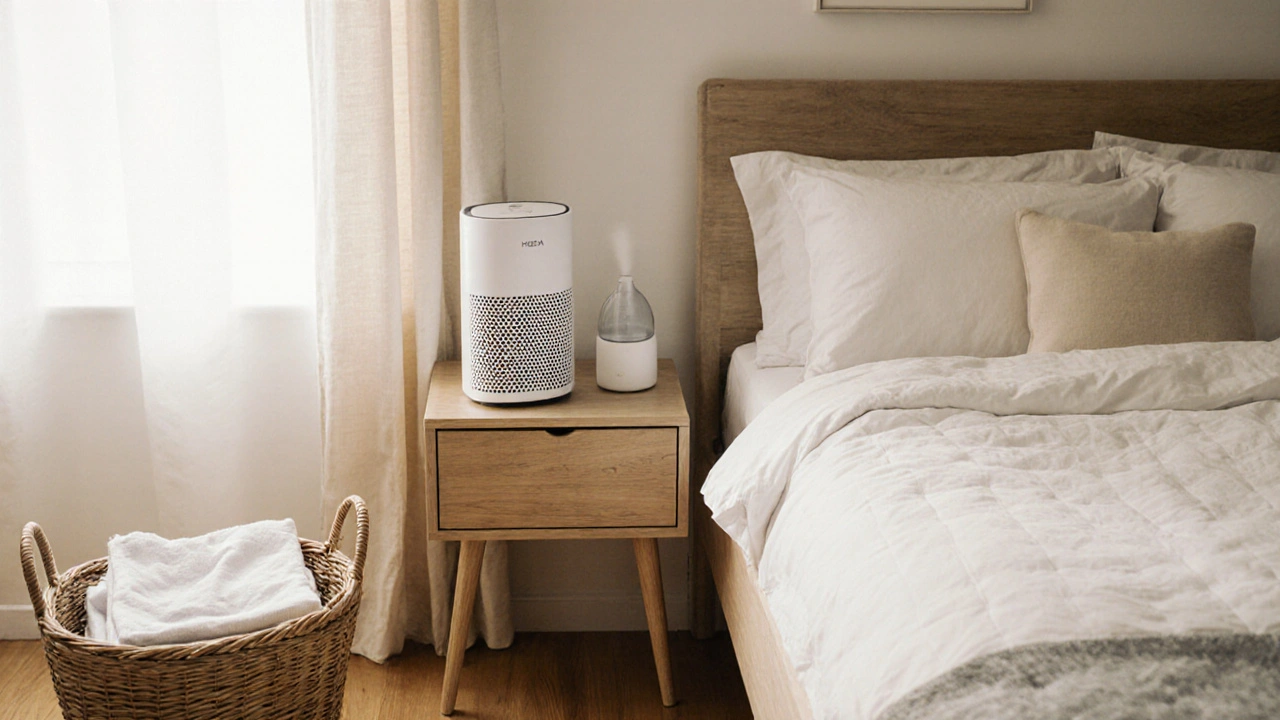Bedroom showing HEPA air purifier, humidifier, and allergen‑proof bedding.