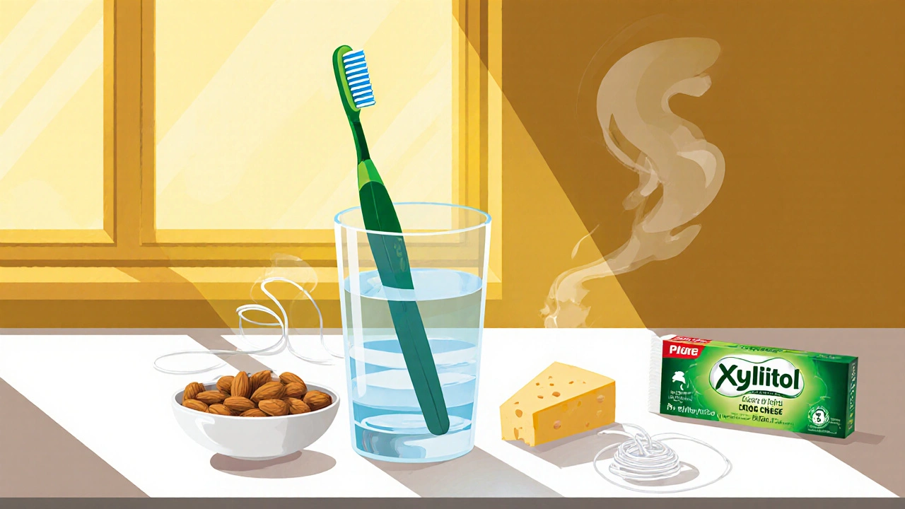 Bright kitchen scene with water glass, toothbrush, floss, calcium snack and sugar‑free gum on the counter.