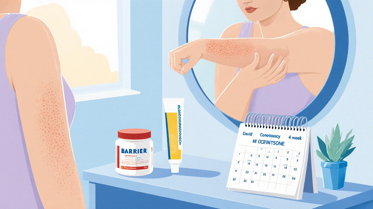 Cartoon of a person checking their skin in a mirror, surrounded by barrier ointment, hydrocortisone and a calendar.