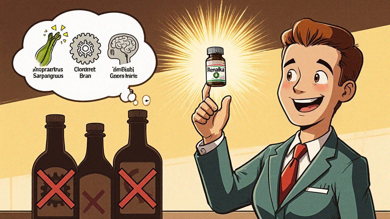 Cartoon office worker thinking of energy, focus, and joint health after taking Renalka.