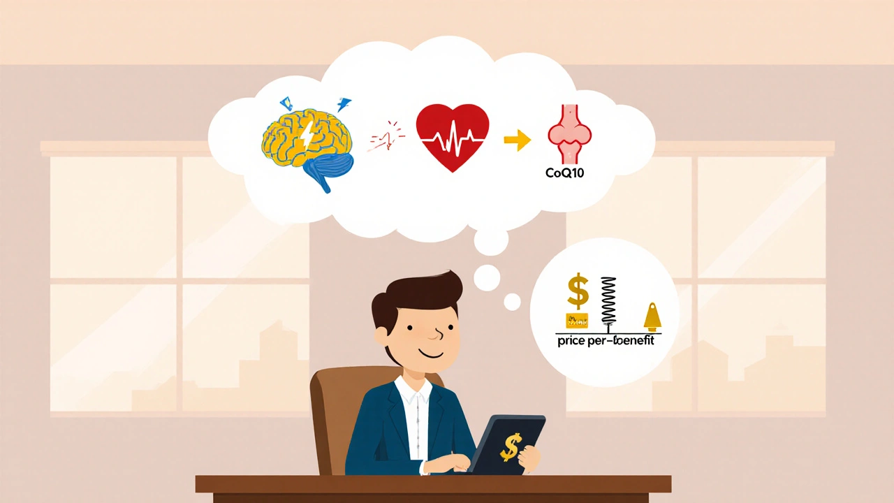 Cartoon person at desk with thought bubbles of brain, heart, and joint paths, Norwayz highlighted.