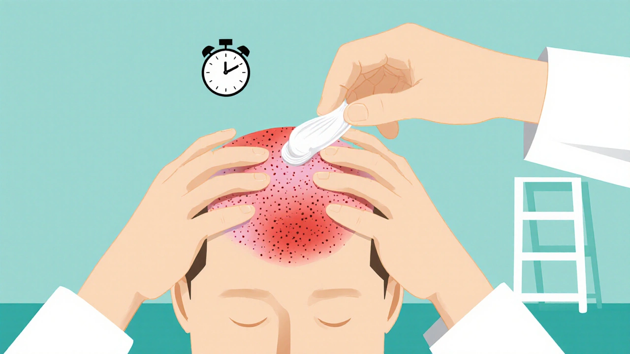 Cartoon showing a dermatologist applying cream to a scalp plaque, with the redness fading.
