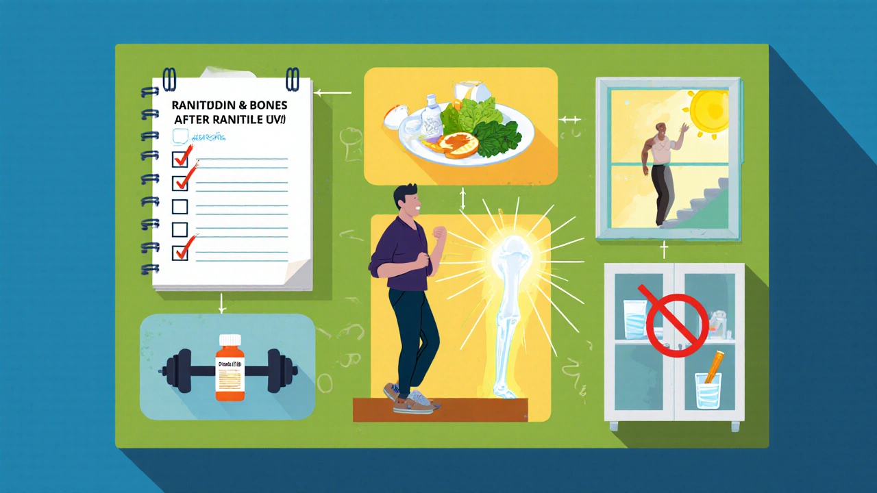 Checklist of bone‑health steps with foods, exercise, vitamin D, and medication alternatives.
