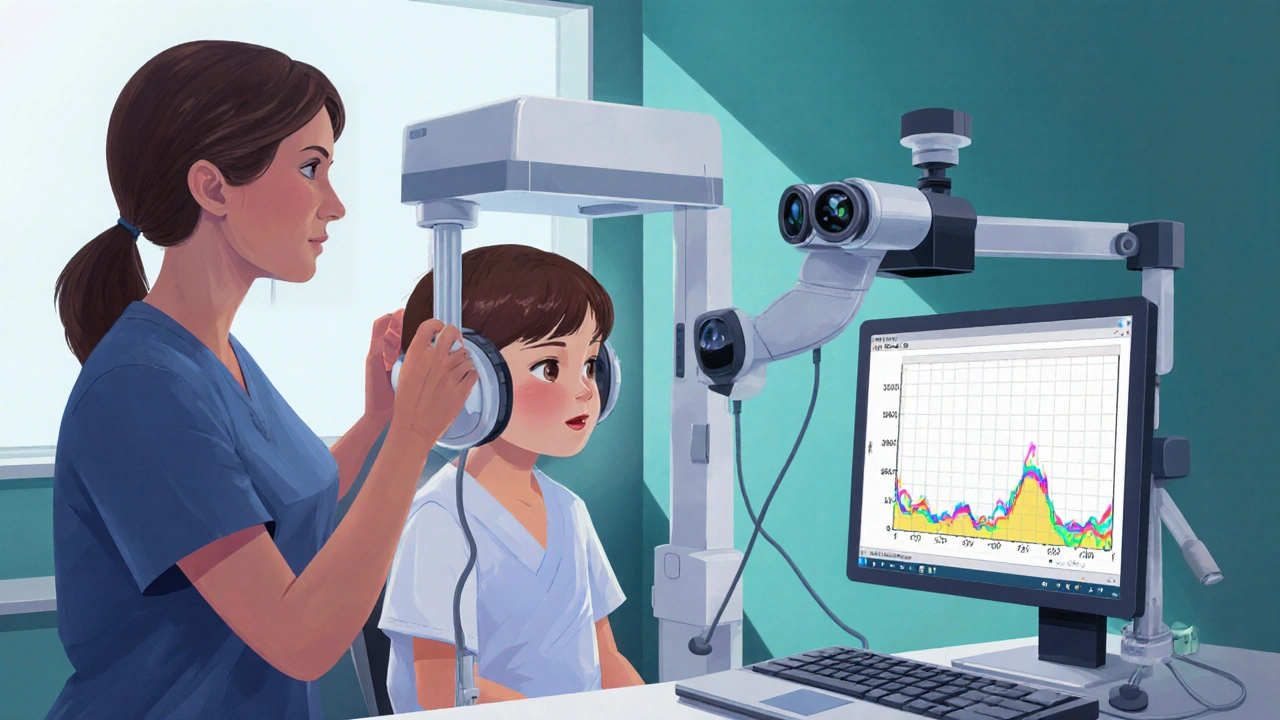 Child in an audiometry booth undergoing hearing and vestibular tests with a pediatric ENT specialist.