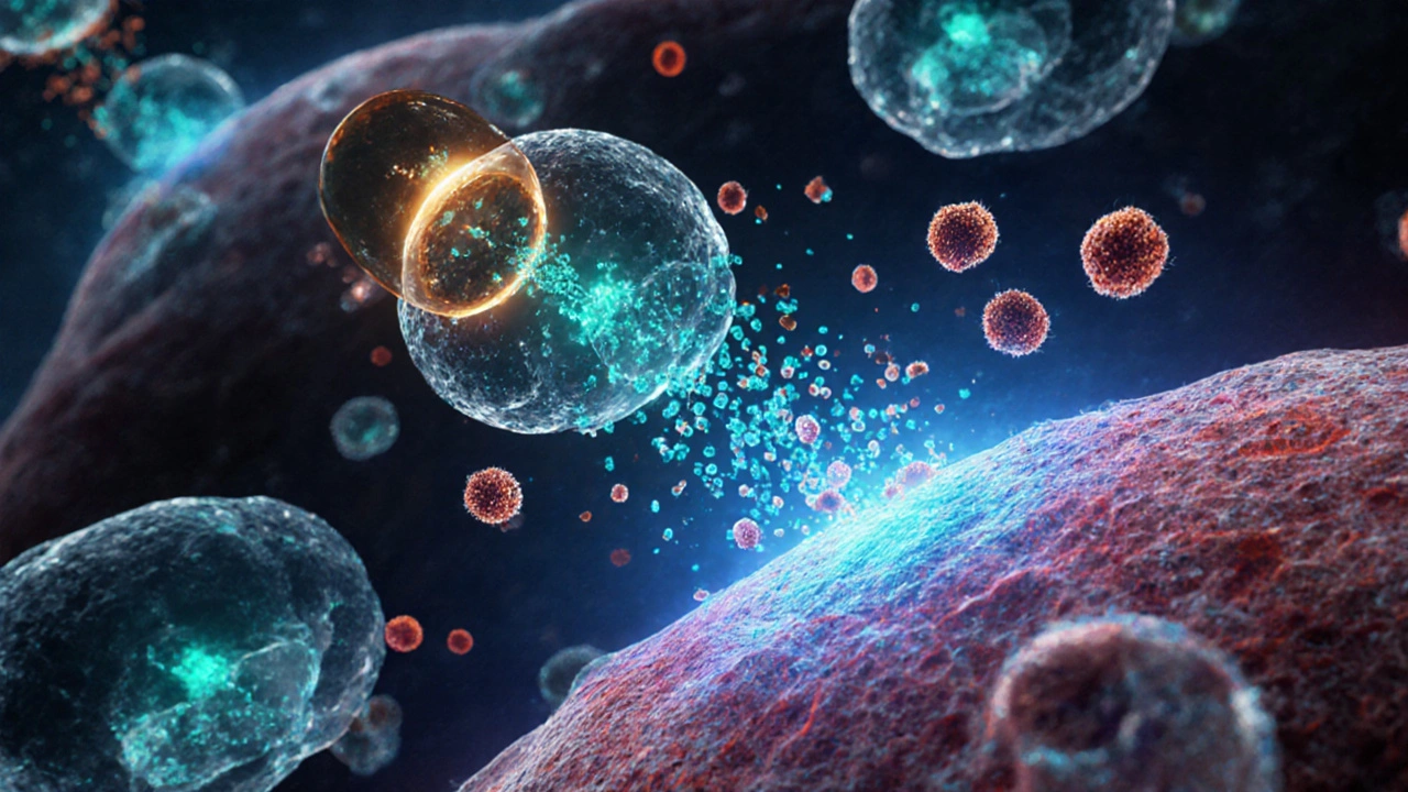 Close‑up of immune cells with glowing vitamin D receptors, calming blue cytokines.