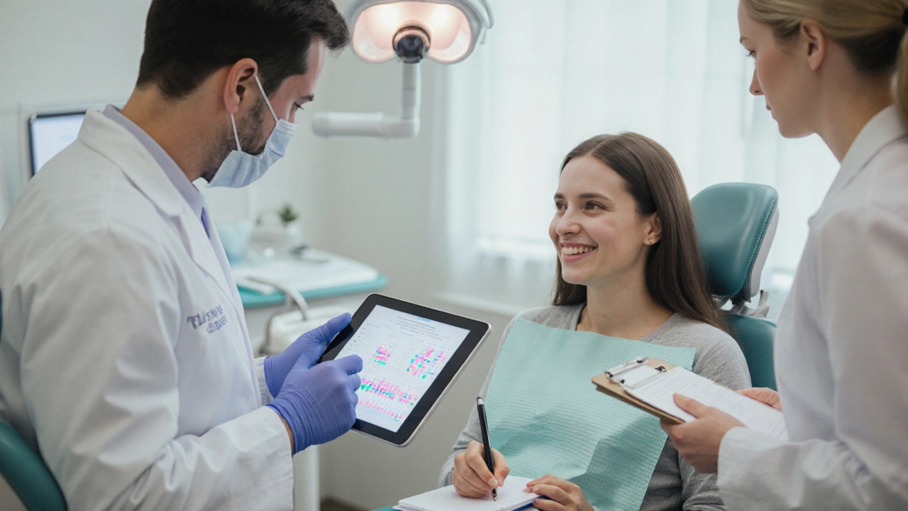 Dentist and endocrinologist reviewing a patient chart while patient holds a health notebook.
