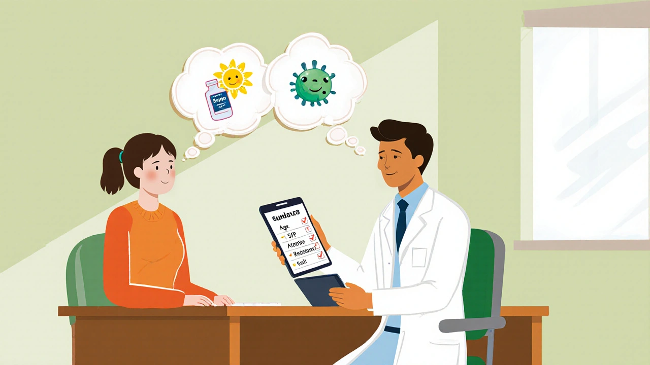 Doctor and teen patient discussing acne treatment with thought bubbles showing sun, pill, and skin.