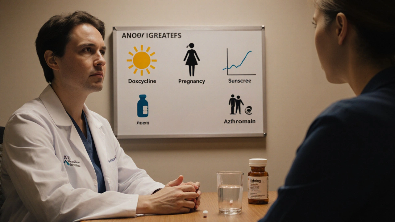 Doctor consulting a patient, with icons for age, pregnancy, sun exposure, and antibiotics.