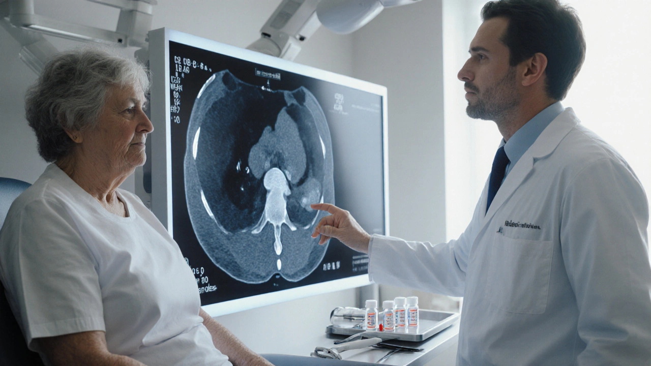 Doctor reviewing a CT scan of the abdomen while patient sits nearby, lab tests visible.