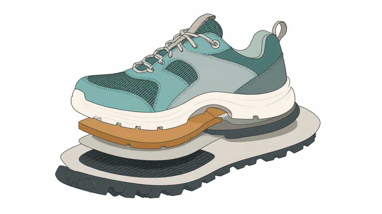 Exploded flat view of a walking shoe showing cushion, arch, drop, mesh, and outsole.