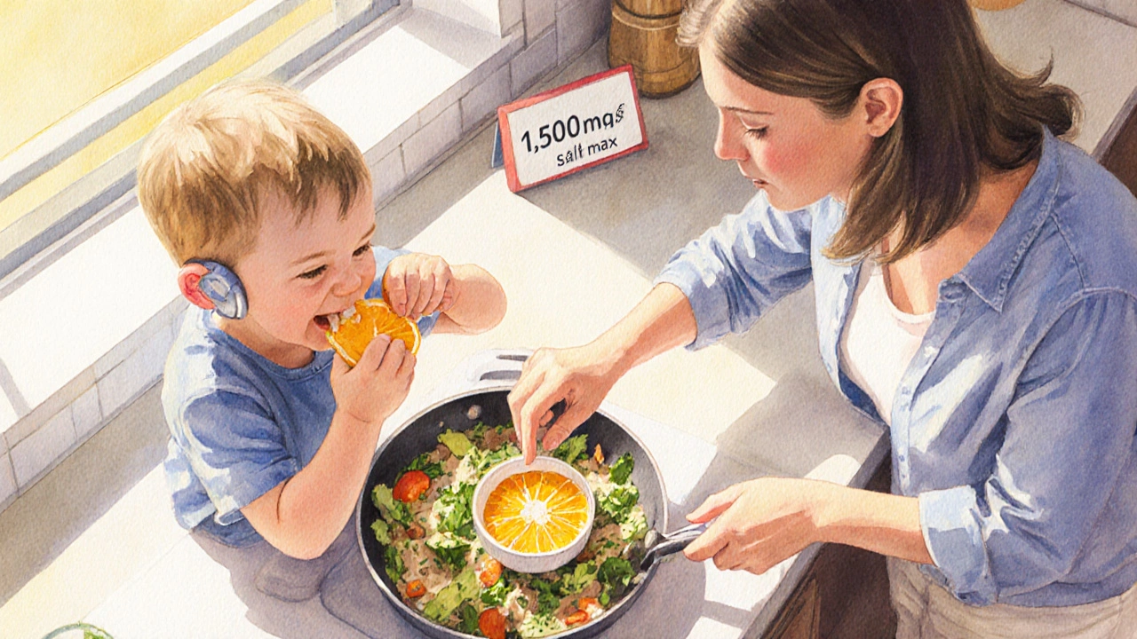 Family preparing low-salt snacks in a kitchen, child wearing a hearing aid and smiling.
