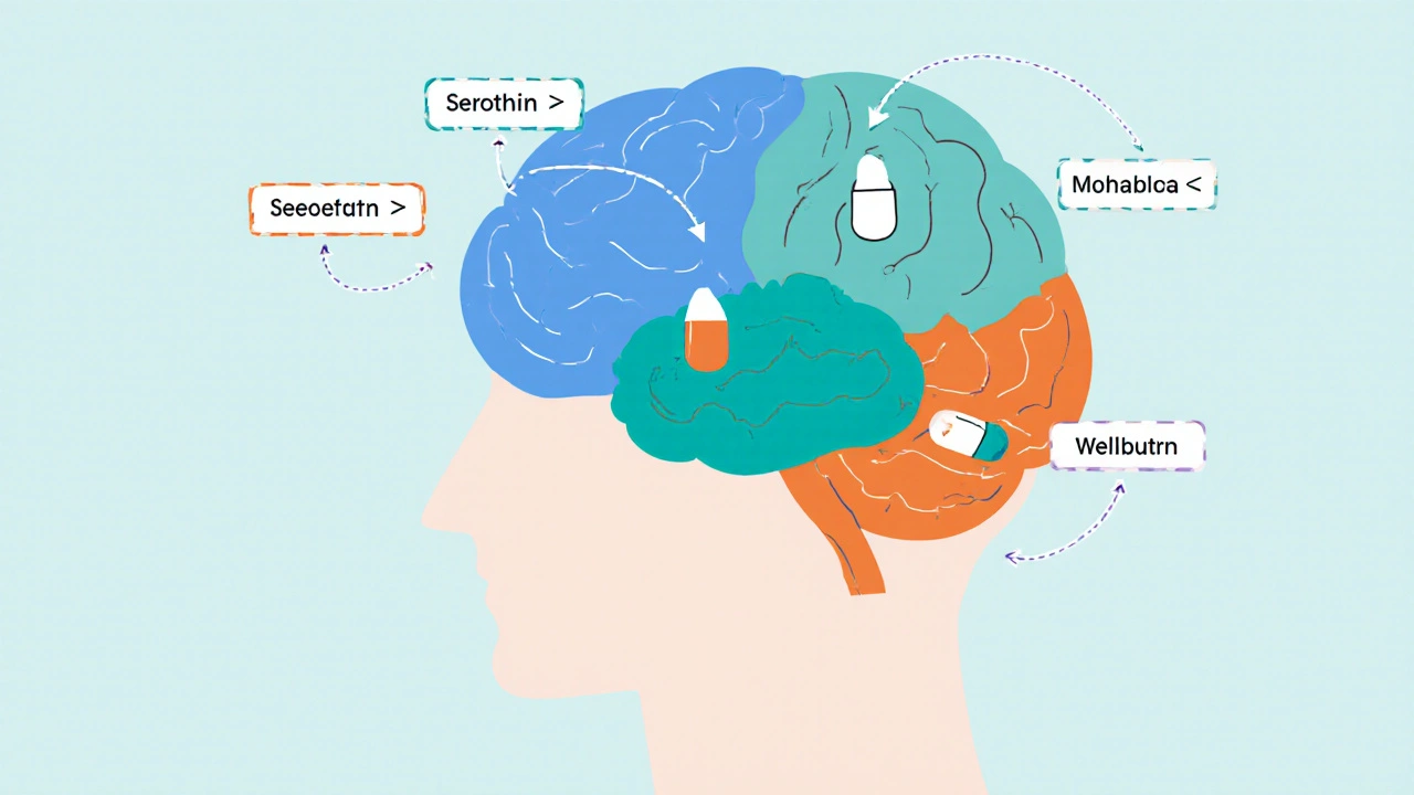 Flat cartoon brain with zones for serotonin, norepinephrine, and dopamine linked to pill icons.