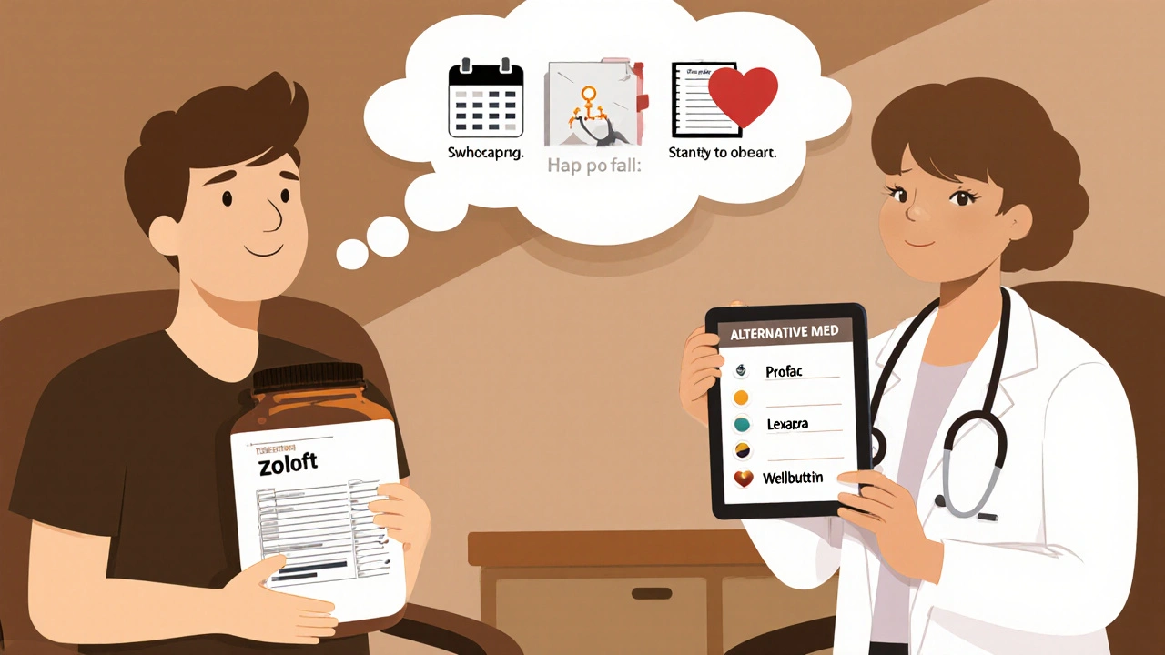 Flat cartoon doctor’s office with patient holding Zoloft and doctor showing alternative medication list.