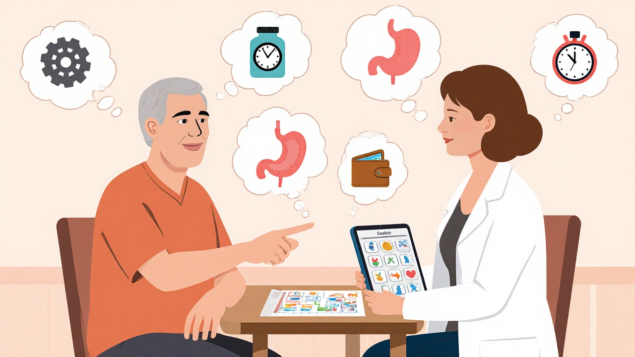 Flat cartoon of doctor and patient discussing medication choices, surrounded by thought bubbles of decision factors.
