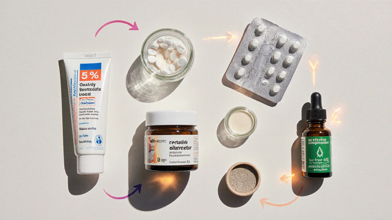 Flat‑lay of various scabies treatment products with subtle arrows indicating their actions.