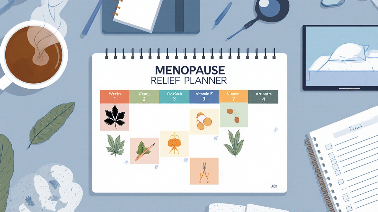 Four‑week planner with remedy icons, herbal tea, cool bedroom, and symptom journal.