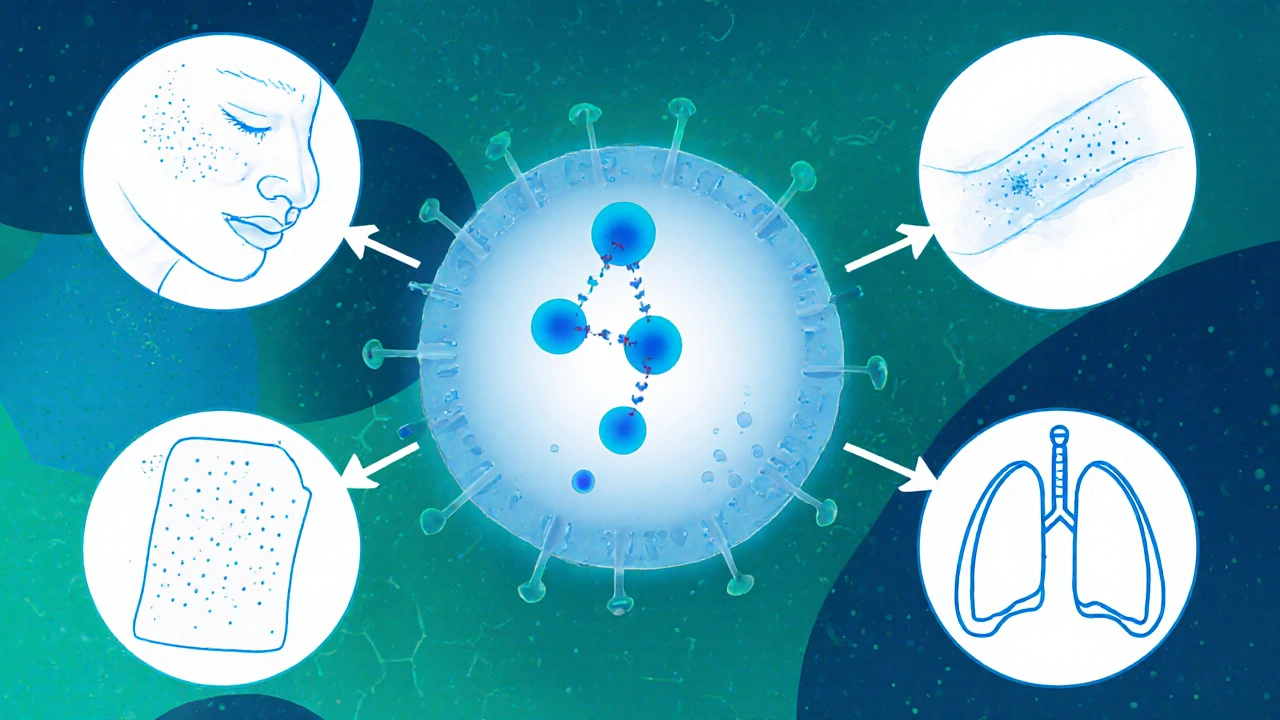 Illustration of doxycycline binding a bacterial ribosome with infection site icons.
