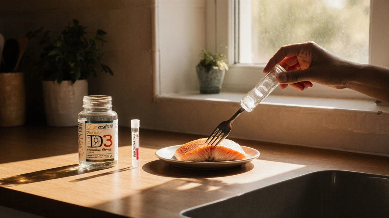 Kitchen counter with vitamin D supplement bottle, salmon fillet, and blood test tube in sunrise light.
