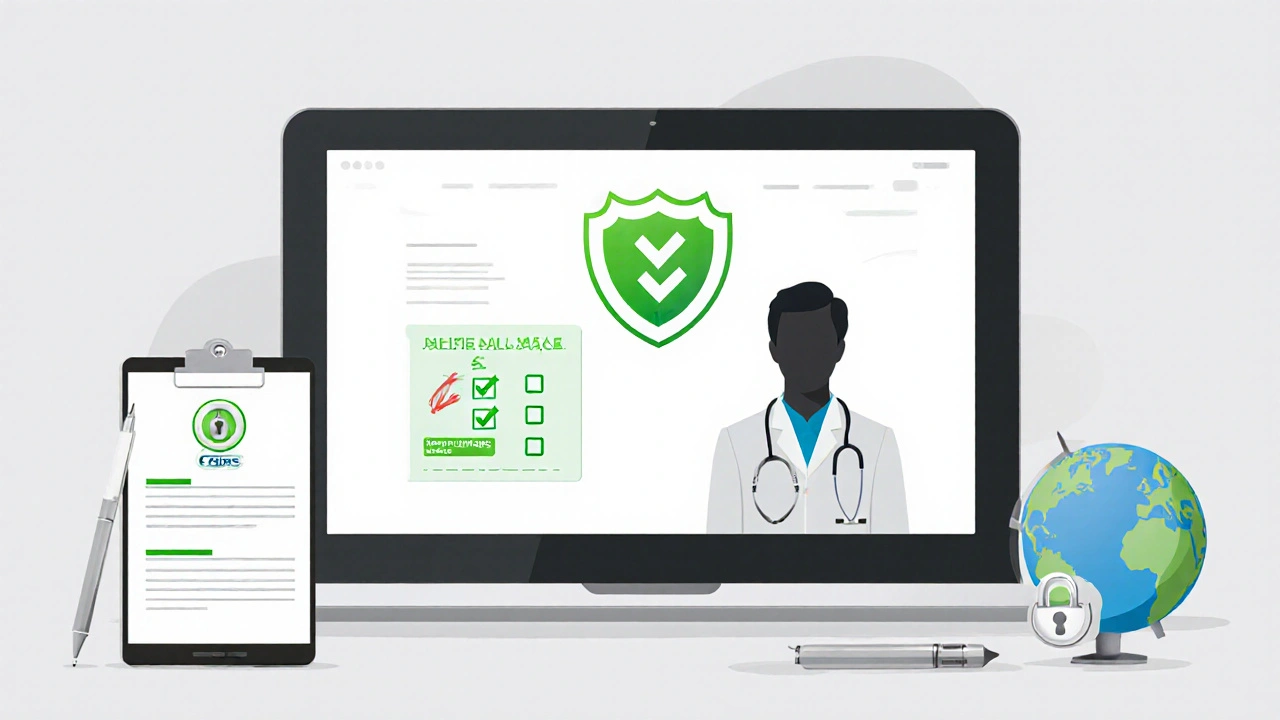 Laptop screen showing verification icons and pharmacist badge for a safe online pharmacy.