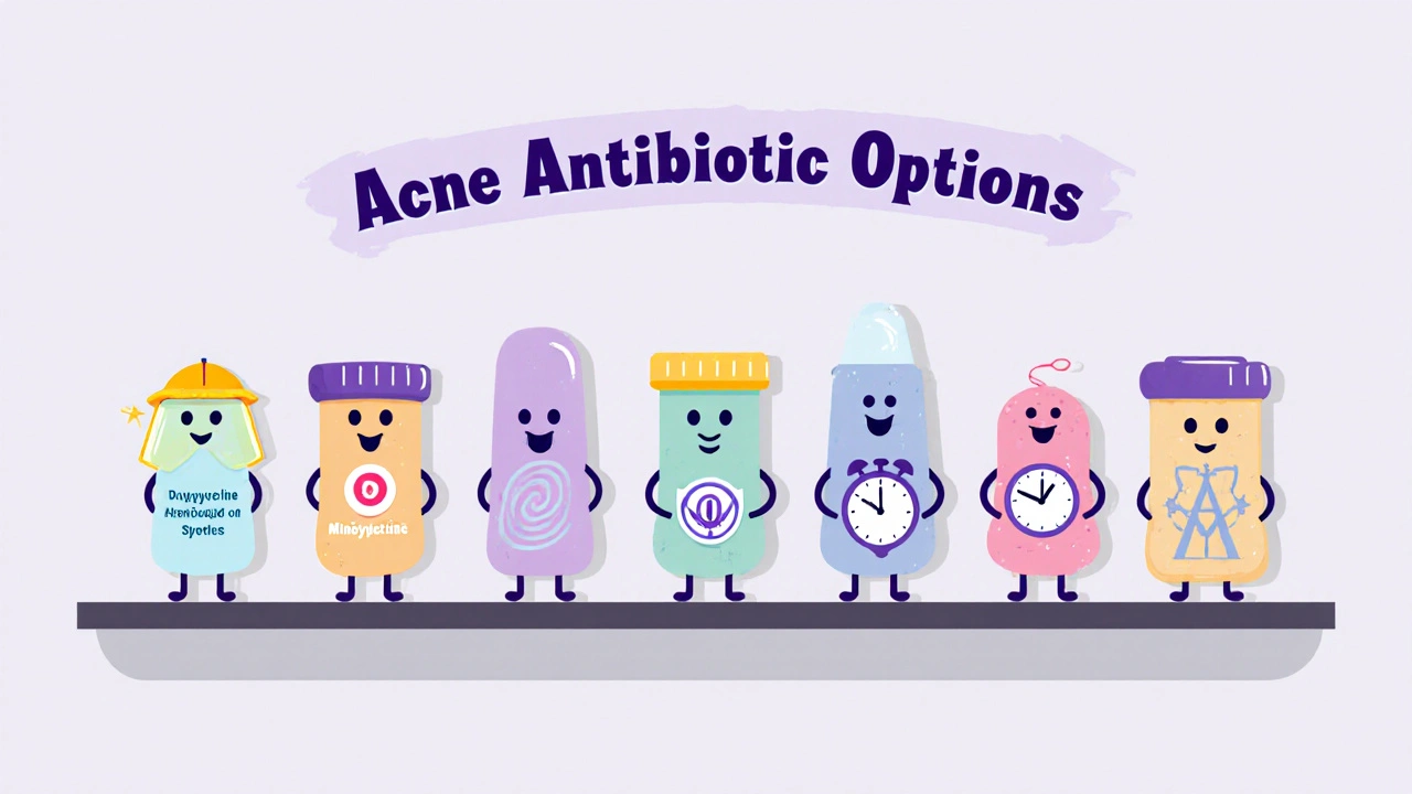 Lineup of six drug characters each showing an icon for their main effect or side‑effect.