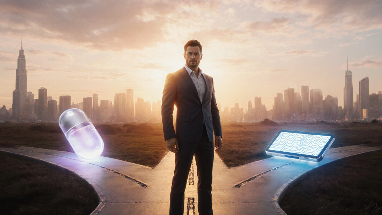Man at a crossroads with glowing paths representing different ED treatment options.
