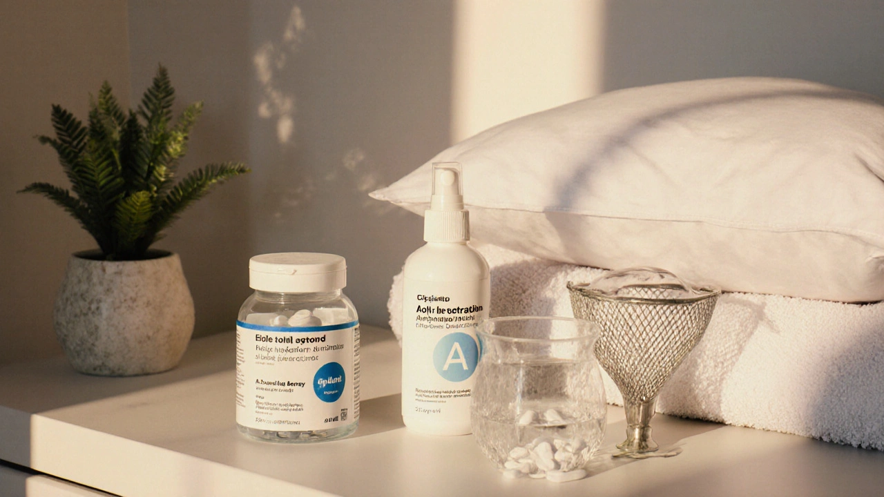 Nightstand with water glass, antihistamine bottle, nasal spray, neti pot, and elevated pillow.