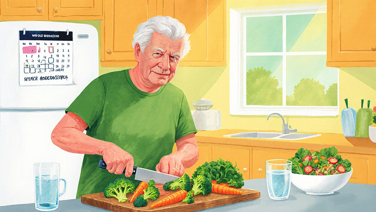 Older adult preparing high‑fiber meal in bright kitchen, calendar notes colonoscopy.