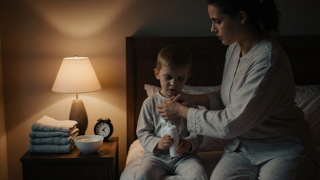 Parent applying permethrin cream to a child’s skin beside folded laundry in a softly lit bedroom.