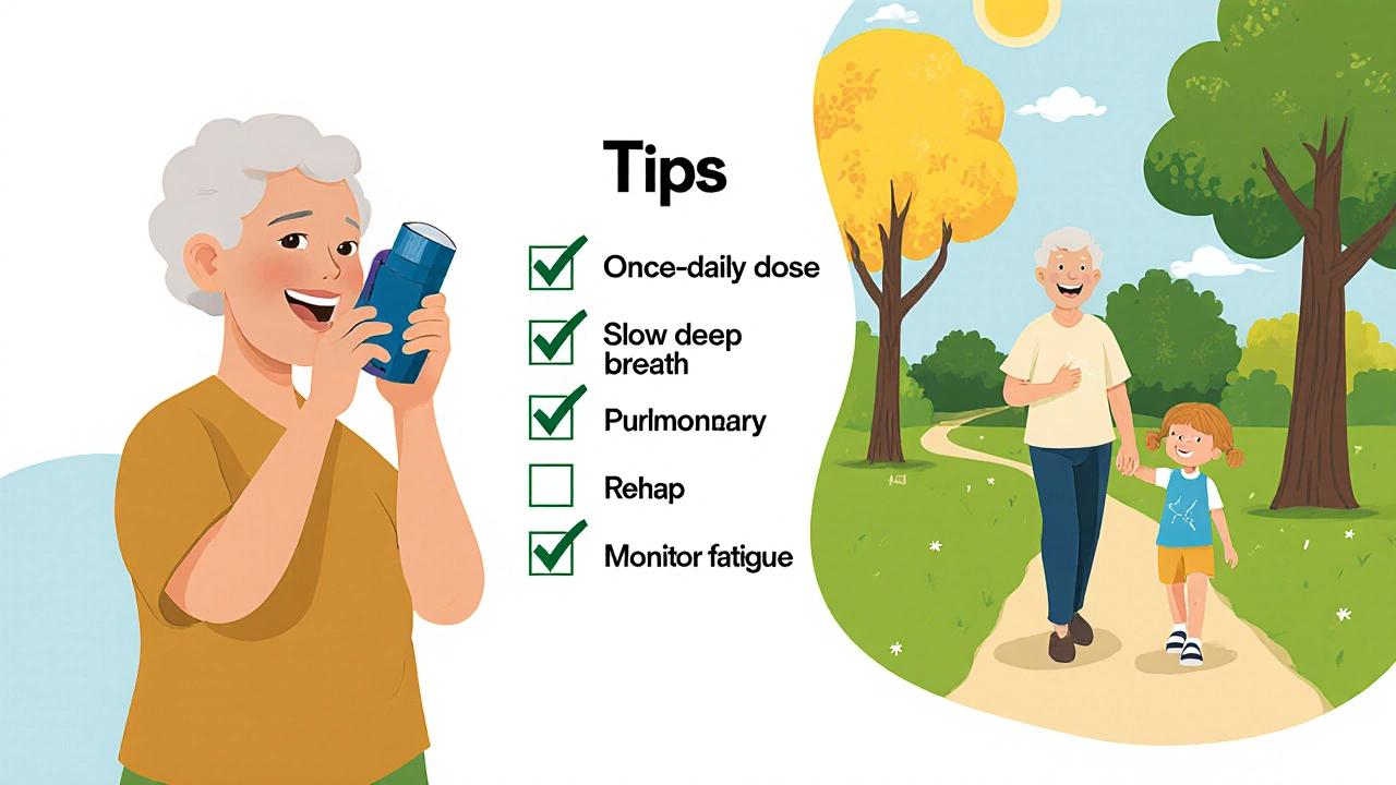 Patient using inhaler correctly, then walking with grandchild in a park.