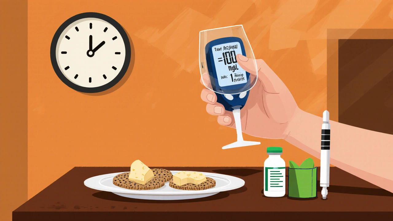 Person with diabetes checking glucose while holding wine and snacks.