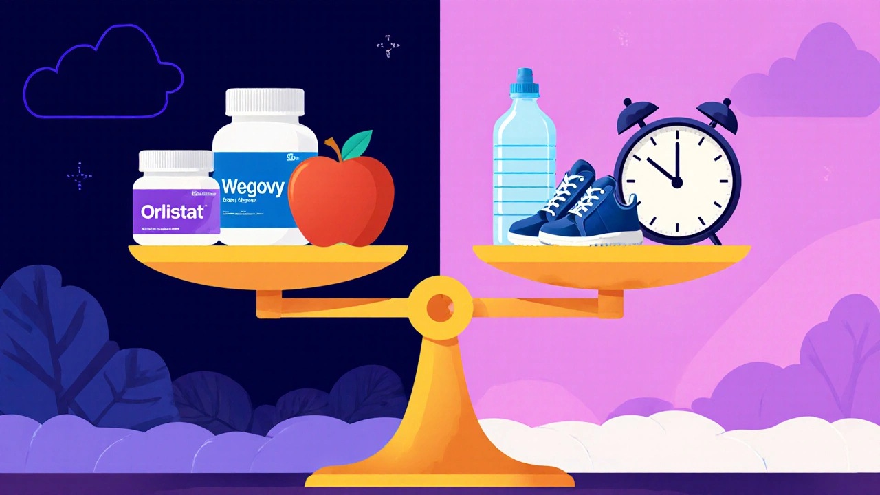 Scale balanced between pills and lifestyle icons—shoes, apple, water—showing long-term success with no pills.