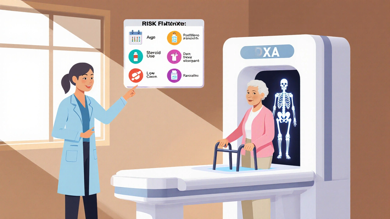 Senior woman receiving a bone density scan with doctor pointing at risk factor icons.