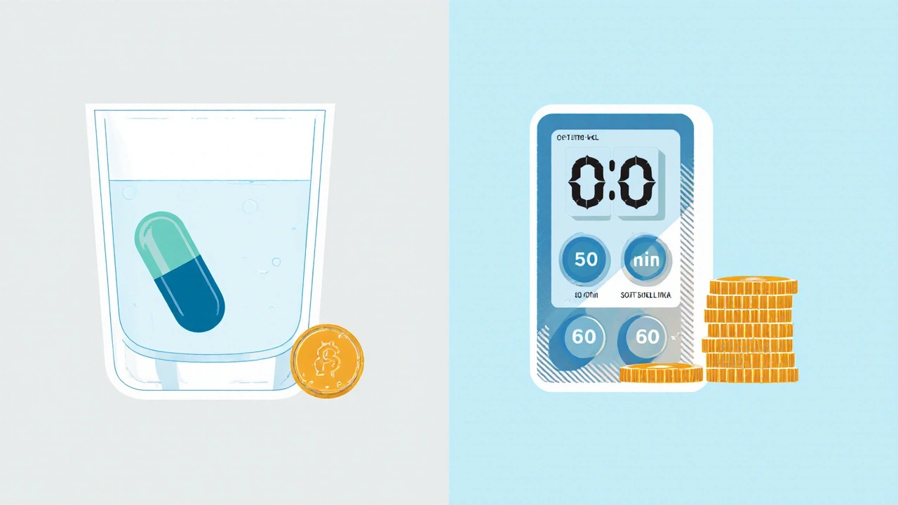 Side‑by‑side view of a dissolving capsule with 30‑min timer and a tablet with 60‑min timer, showing cost difference.