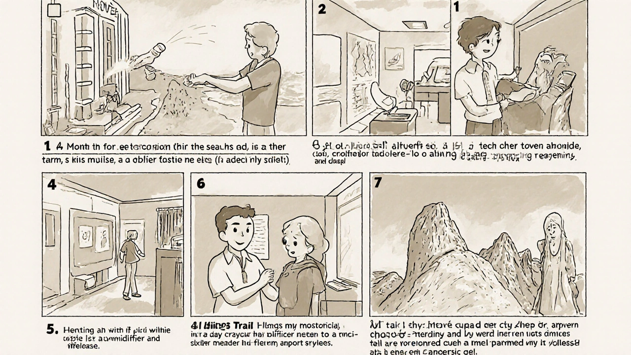 Storyboard panels of daily skin‑care actions during a 7‑day trip.