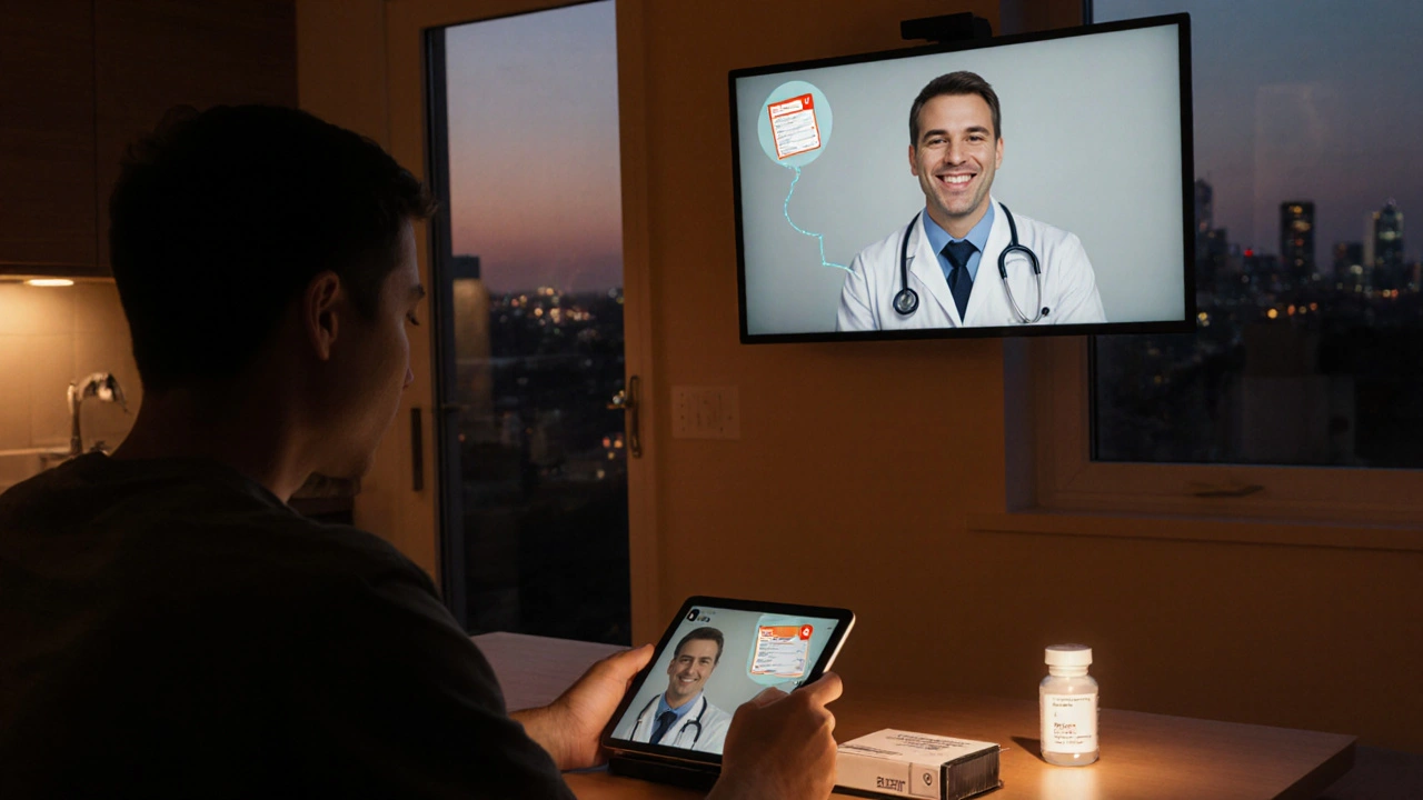 Telehealth video call with doctor, tablet, and a parcel of medication ready to ship.