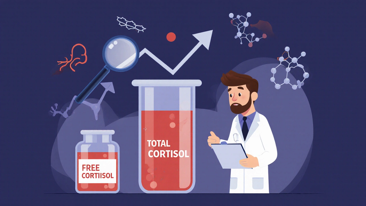 Test tube showing high total cortisol but low free cortisol due to HRT interference