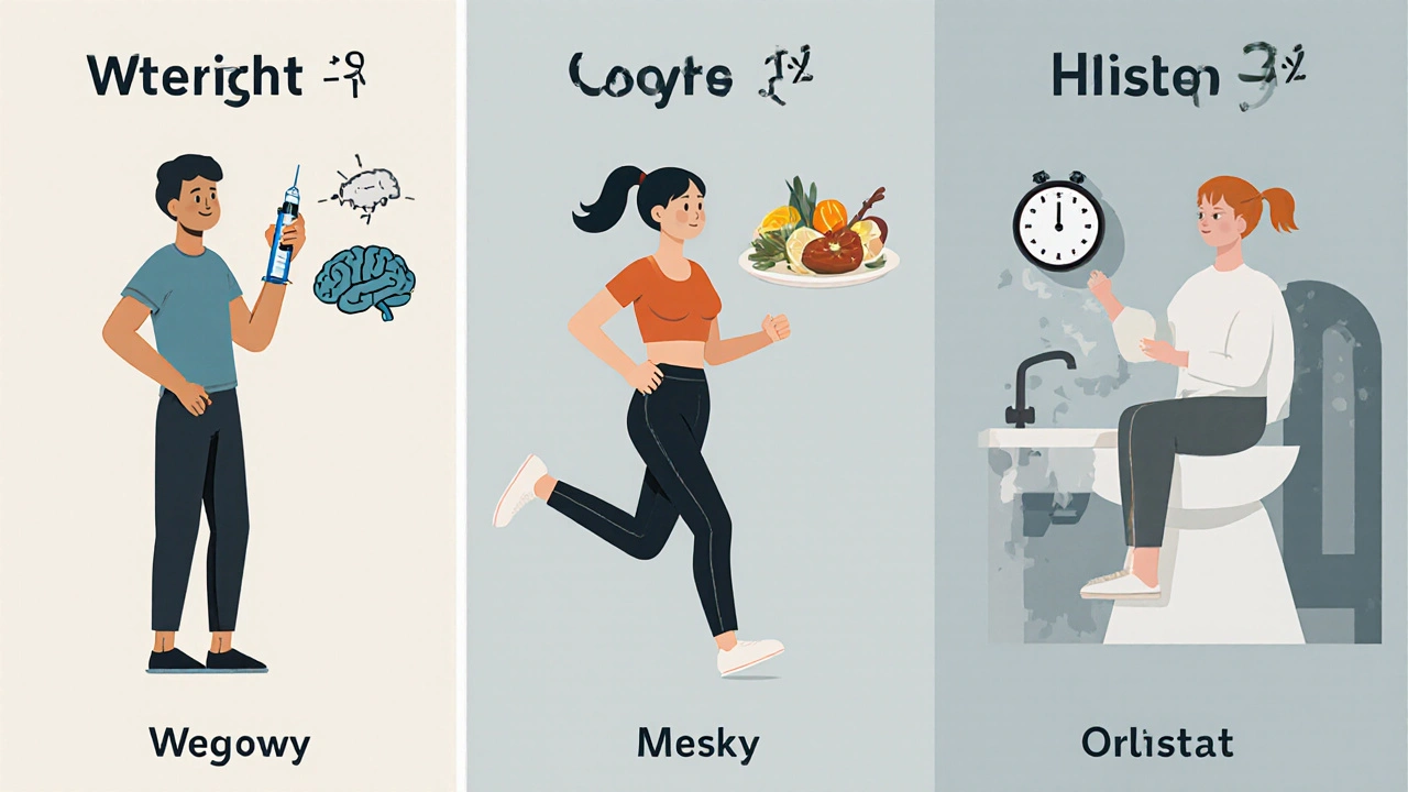 Three side-by-side illustrations showing different weight loss methods: injection, healthy habits, and messy side effects.