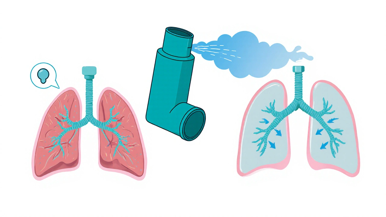 Tiotropium inhaler opening narrowed airways, showing before and after.