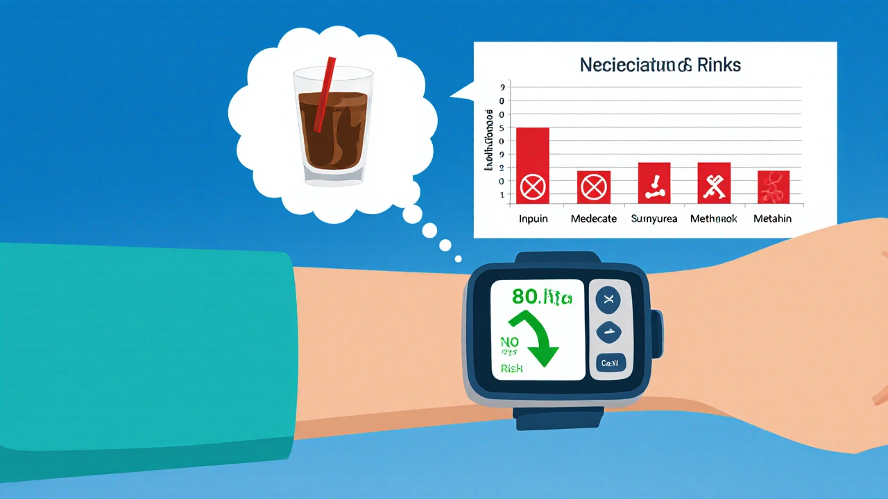 Wrist wearing CGM showing low glucose alert after drinking.