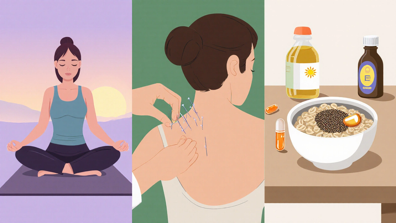 Yoga pose, acupuncture session, and breakfast with flaxseed, fish oil, and vitamin E.