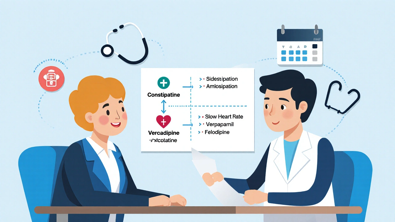 A doctor and patient reviewing a visual flowchart matching symptoms to calcium channel blocker alternatives, no text, minimalist medical setting.