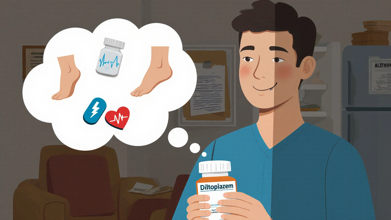 A patient holding Diltiazem with four alternative pills in a thought bubble, each showing a different side effect, in a cozy home setting.