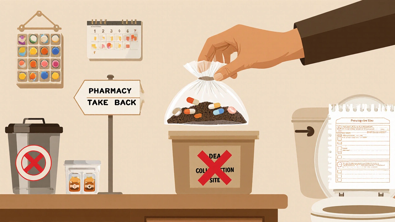 A person disposing of expired pills in a sealed bag with coffee grounds near a pharmacy take-back bin.