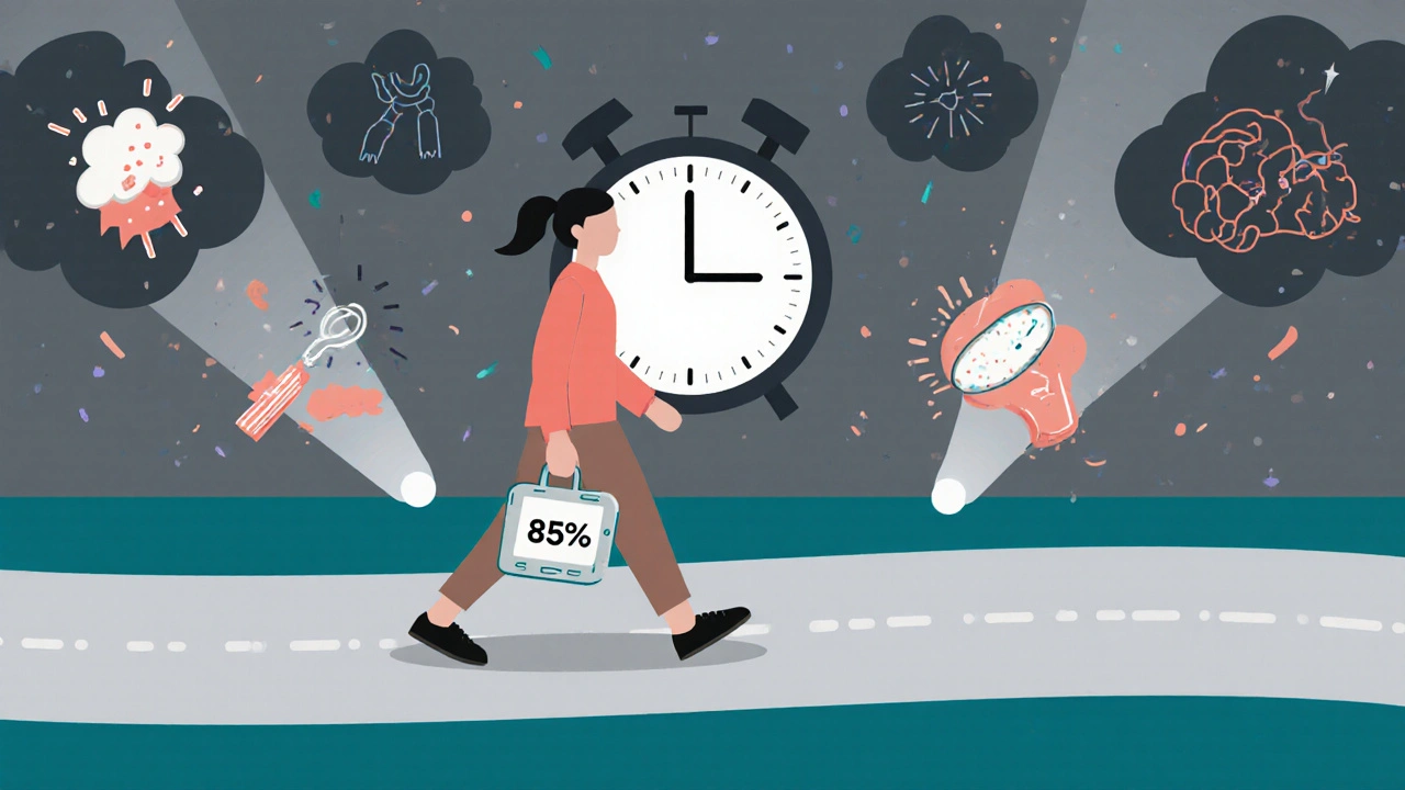 A person walking with a heart rate monitor at 85%, symptoms fading as therapy light beams guide the way.