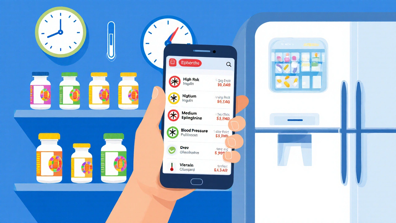 A smartphone showing color-coded medication expiration alerts on a shelf of labeled bottles.