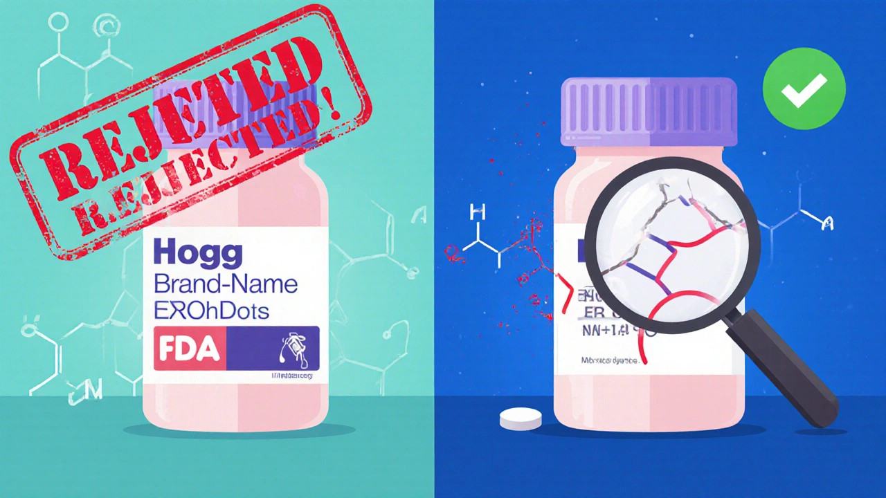Brand-name and generic drug comparison showing stable vs. degrading molecular structures with FDA approval symbols.