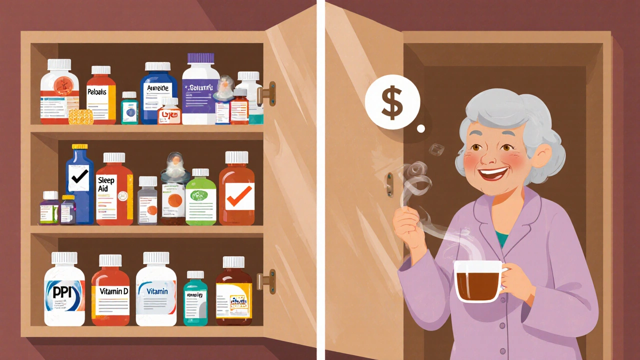 Cluttered medicine cabinet transformed into an organized one with savings shown.