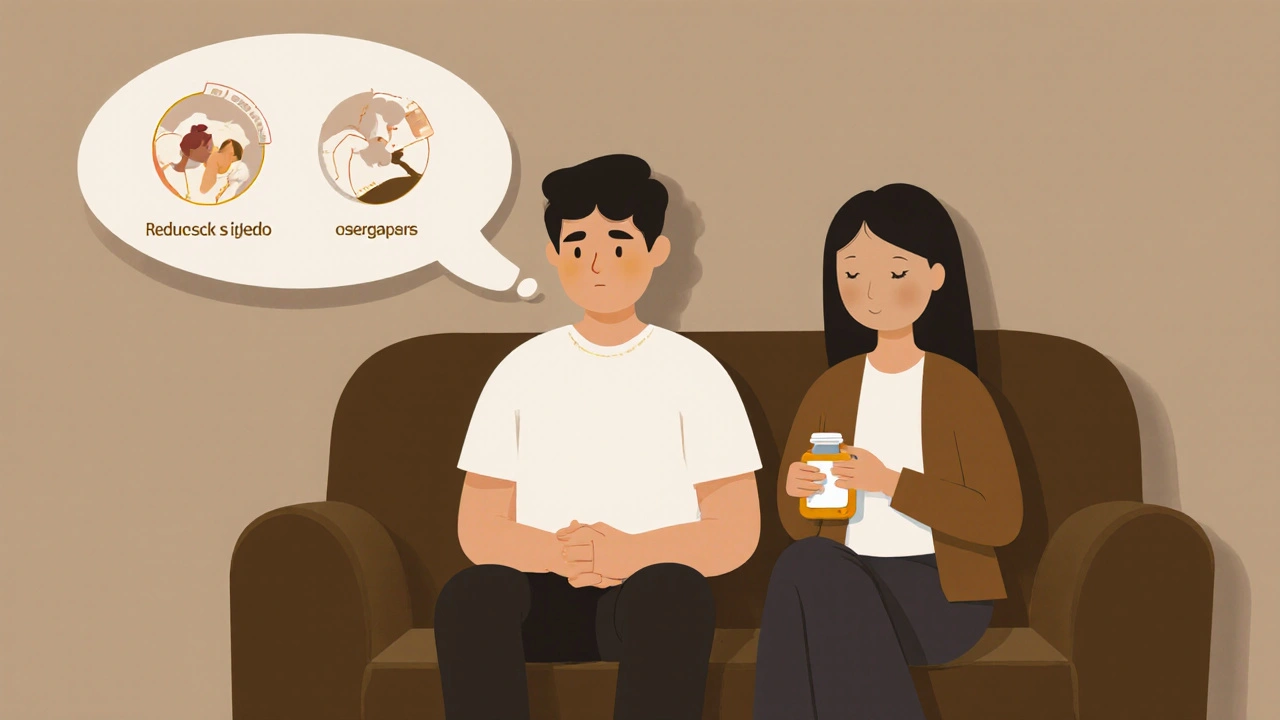 Couple sitting apart with symbols of sexual dysfunction above one person&#039;s head