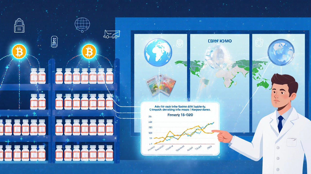 Digital warehouse with temperature sensors and blockchain data streams tracking drug stability across global climates.