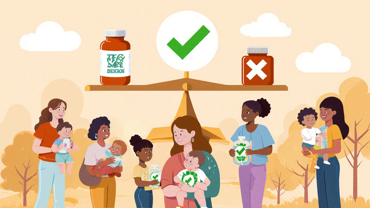 Diverse group of mothers with babies and safe medications, balancing misinformation against safety.